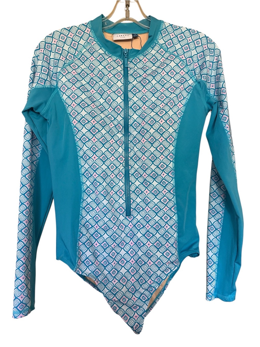 Cabana Life M Teal Geometric UPF 50 Long Sleeve Swim One-Piece Rashguard